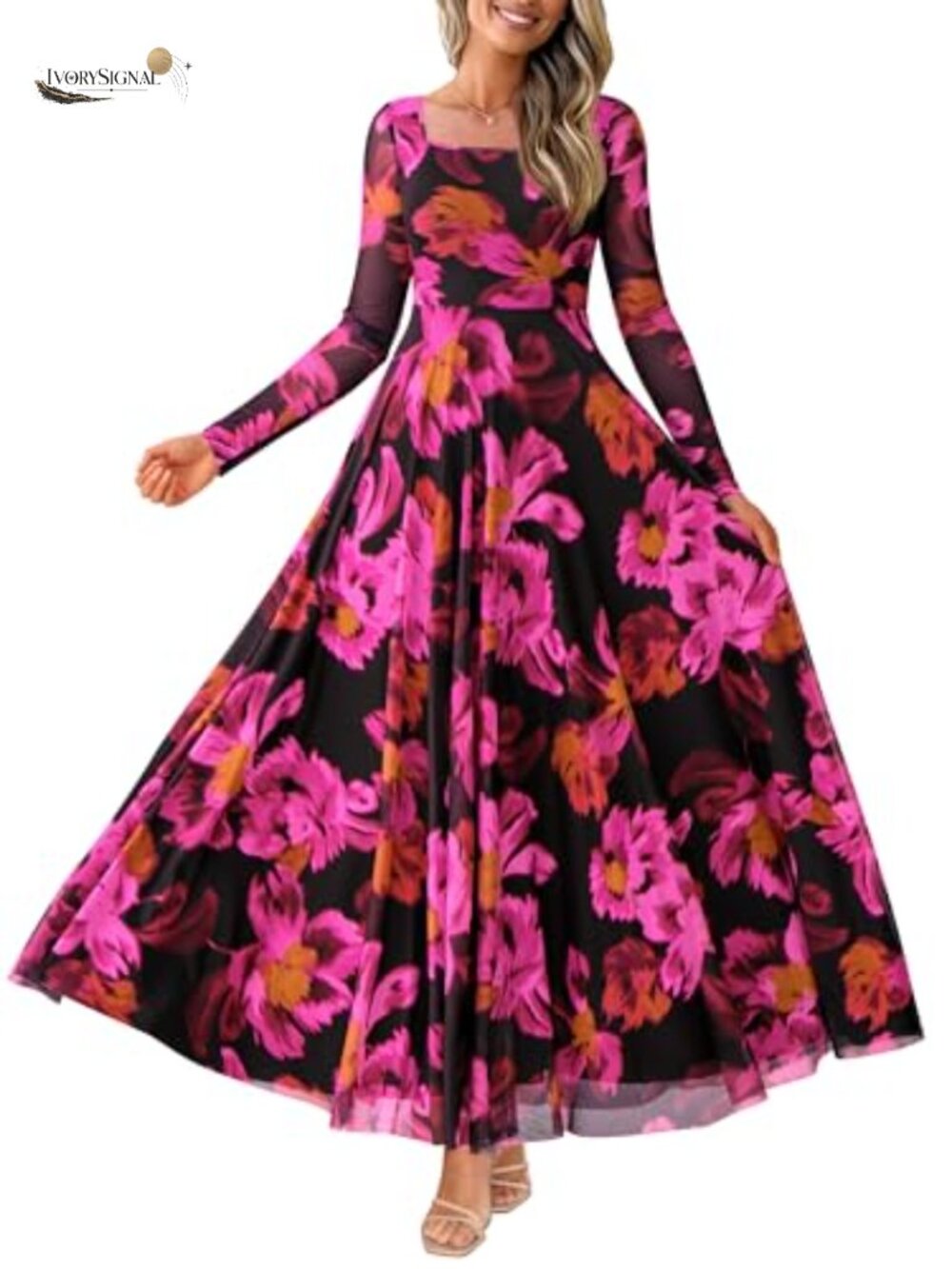 Women Boho Floral Mesh Maxi Dress Long Sleeve Square Neck A-Line